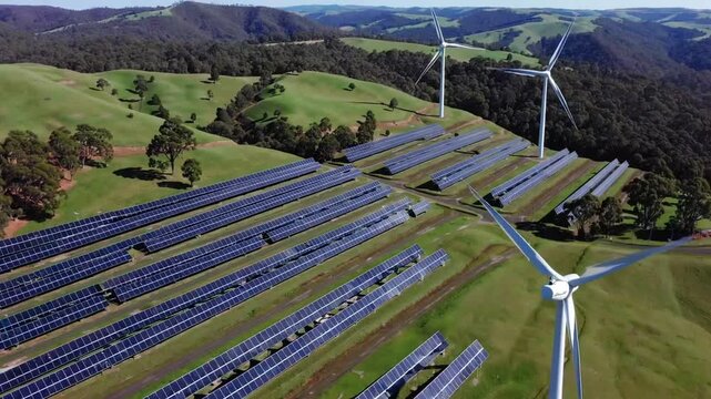 Aerial Drone View of the Hybrid Gullen Solar Farm and Gullen Range Wind Farm for Renewable Clean Energy