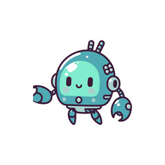 Cute cartoon robot character with a smiling face and claw arm, set against a simple white background