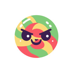 Colorful cartoon lollipop character with a mischievous expression on a plain background