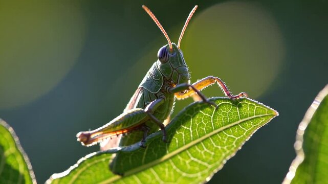 Apprehensive Orthopteran Insect Perched Upon Verdant Foliage Leaf