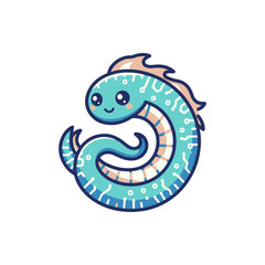 Cute digital sea serpent character with circuit patterns, smiling, on a white background