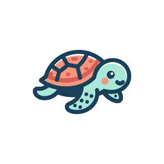 Cute cartoon turtle swimming happily in clear water with colorful coral in the background