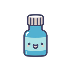 Cute cartoon-style blue bottle with a smiling face, isolated on a white background, ideal for children's products