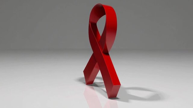 3D Rendered Awareness Red Ribbon Folded with Shadow on White Background
