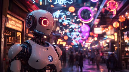 A futuristic robot stands in a vibrant, bustling Asian street with neon lights and blurred figures, contemplating its existence in a cyberpunk-inspired world.