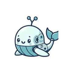 Cute robotic whale character with antennae, swimming playfully in a vibrant ocean setting