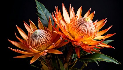 Two vibrant orange flowers against a black background, detailed texture and sharp focus