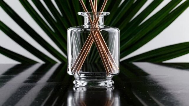 Aroma Reed Diffuser Home Fragrance Bottle with Rattan Sticks and Scent of Freshness on Dark Background with Green Palm Leaves