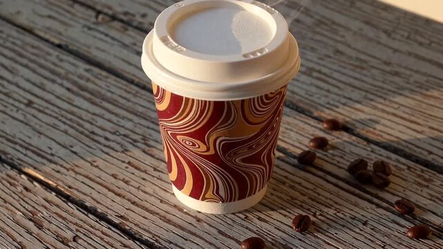 Paper Takeaway Cup Filled with Latte Coffee Surrounded by Coffee Beans on Wood