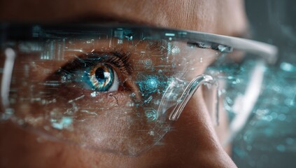 Close-up of a person's eye wearing futuristic glasses with augmented reality overlay