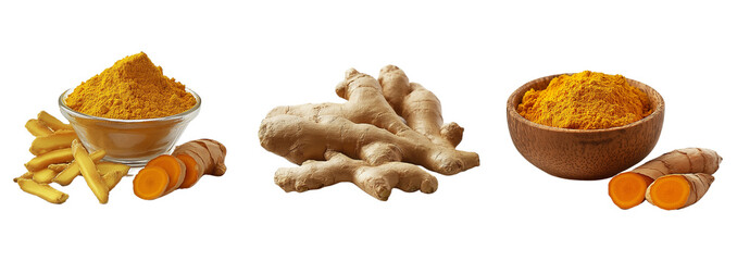 Ground and Whole Turmeric and Ginger Root on transparent background, png file