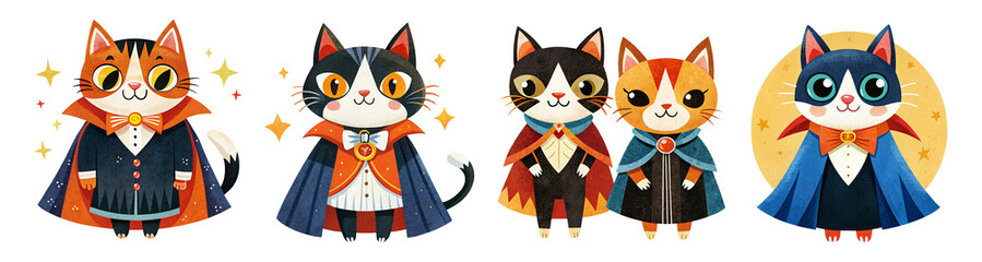 Cute Cartoon Cats in Vampire Costumes, Halloween Dracula Cats Illustration Isolated on White Background