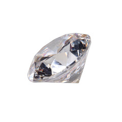 Close-up of a faceted, clear gem.  Its facets sparkle with light.  It is a brilliant cut, displaying a flawless appearance