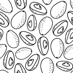Avocado seamless pattern in doodle style. Hand drawn Black and White line art of whole Fruit and Cut Slices isolated on a white background. For product packaging, menu and fabric prints.