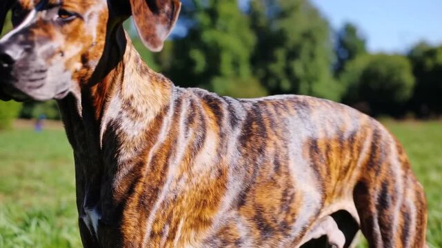 brindle-coated canine of mixed breeding, specifically Plott Hound cross, standing in outdoor environment