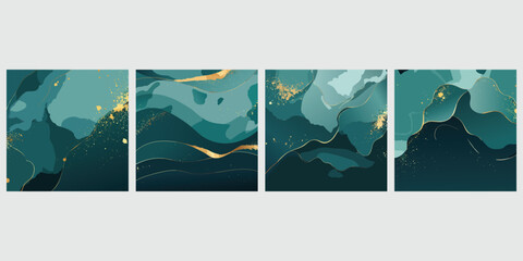 dark teal backgrounds with alcohol ink stains and golden splashes set