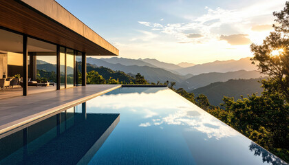 Fototapeta premium Modern house infinity pool mountain sunset reflection sky nature outdoor luxury relaxation calm scenic view