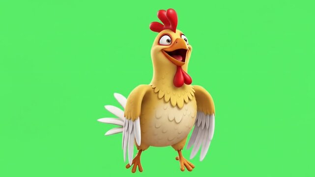 A cheerful cartoon chicken joyfully strutting with wings outstretched.