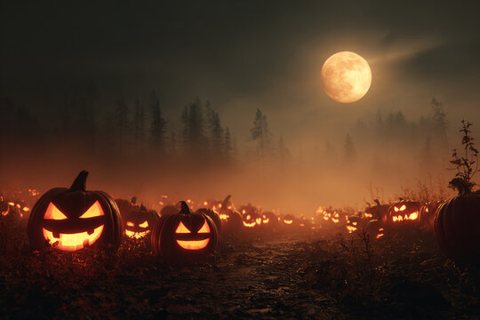 halloween pumpkin on a dark forest land 