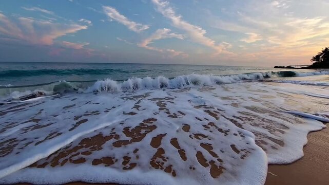 unoccupied equatorial shore at sundown with aqueous motion and granular mineral particles.
