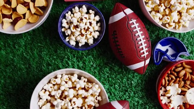 assortment of stadium sustenance arranged upon emerald turf setting including pigskins, beverages, and supporter gear