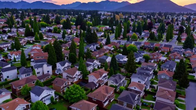 Bird's-Eye View of Suburban Community Residential Area with Vibrant Sunset Sky
