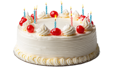 Birthday cake with lit candles on white background,png