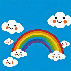 Joyful rainbow and smiling clouds vector illustration for kids perfect for digital design and prints