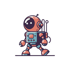 Colorful retro robot walking confidently in a futuristic landscape with vibrant details