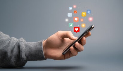 A man's hand using a smartphone with social media icons like check and heart on the screen for a marketing concept