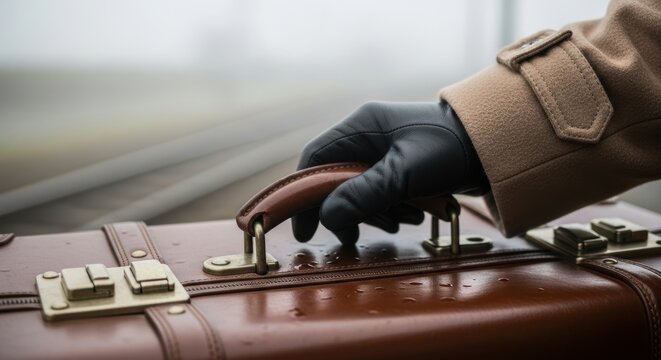 Gloved hand holding brown leather suitcase on a rainy day at a train station - Powered by Adobe