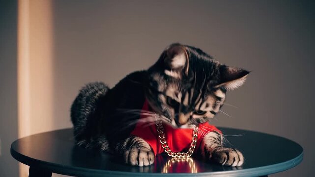 Beautiful Cat in Red T-Shirt and with Gold Chain Around His Neck Sitting at Table