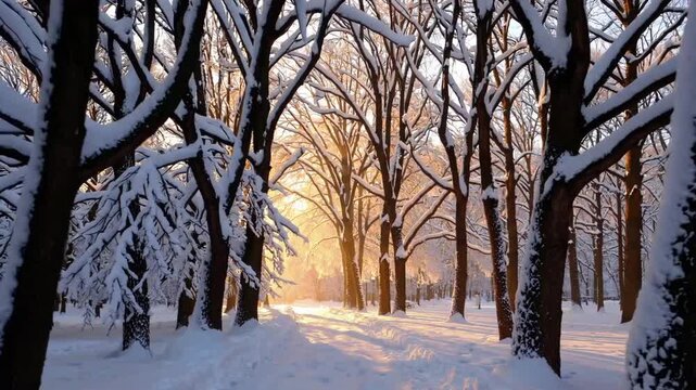 Narrow pathway within the cold season public garden, attractive woody plants blanketed in frozen precipitation illuminated by sunlight