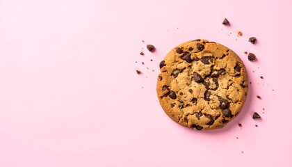Single chocolate chip cookie on pink background