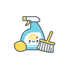 Cute cartoon cleaning supplies including a spray bottle, broom, and lemon, ideal for home cleaning themes