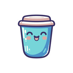 Cute cartoon coffee cup character with a smiling face, set against a simple white background