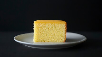 A single square piece of yellow cake sits on a small white plate against a dark background.