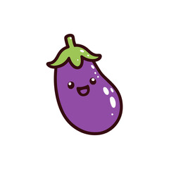 Cute cartoon eggplant character with a smiling face, set against a plain white background, ideal for food-related designs