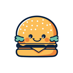 Cute cartoon hamburger character with smiling face, surrounded by colorful toppings, ideal for food-related content