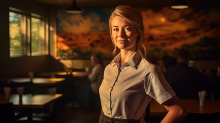 Obraz premium woman in office, business woman, business attire, warm lighting, sunset glow, interior design, detailed portrait, photorealistic, 8k, cinematic, digital art 