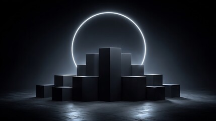 Abstract, Geometric Composition with Illuminated Circle, Cube-Like Shapes, and Moody Lighting, Perfect for Concepts.