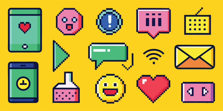 Pixel Art. Social Media. 8-Bit. A retro vector icon set of colorful pixelated social media and communication symbols for a game UI, a website, an app, or a nostalgic 80s-themed design.
