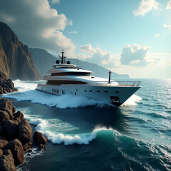 Luxury Yacht Navigating Coastal Waters on a Sunny Day