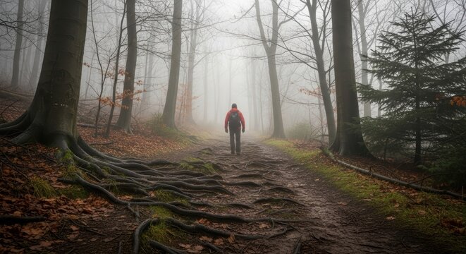 Solitary walk in a misty forest by caucasian male adult in autumn
