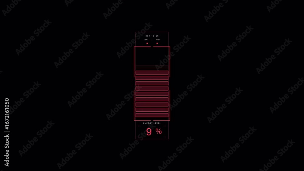 Poster low battery indicator: digital energy level display with red bars on black background