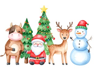 Watercolor Christmas scene with cow, Santa, deer, and snowman