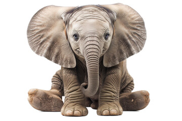 Fototapeta premium Adorable baby elephant sitting, looking at camera, cutout png