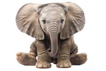 Adorable baby elephant sitting, looking at camera, cutout png