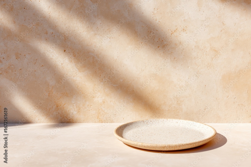 Poster minimalist plate on smooth surface, shadows create soft texture