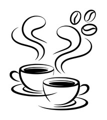 Two Steaming Coffee Cups with Coffee Beans Silhouette on White Background drink beverage